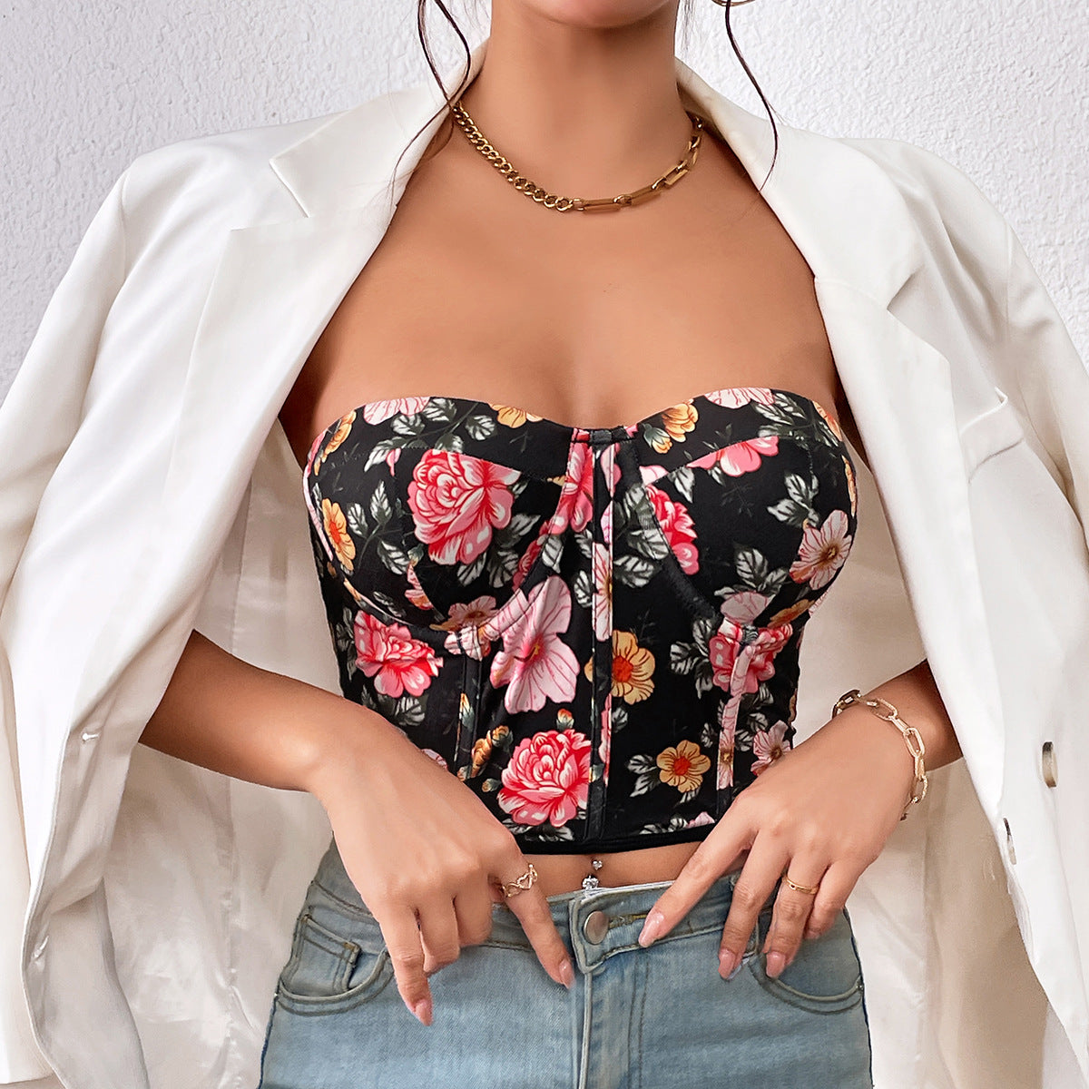 Women Clothing Spring Summer Sexy Wrapped Chest Slim Fit Pure Floral with Chest Pad Boning Corset Bra