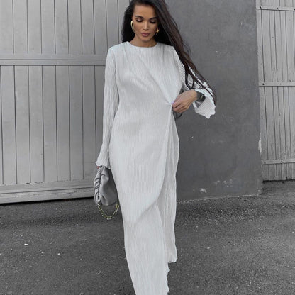 Women  Clothing Dress Pleated round Neck Long Sleeve Solid Color Loose Maxi Dress Slimming Casual