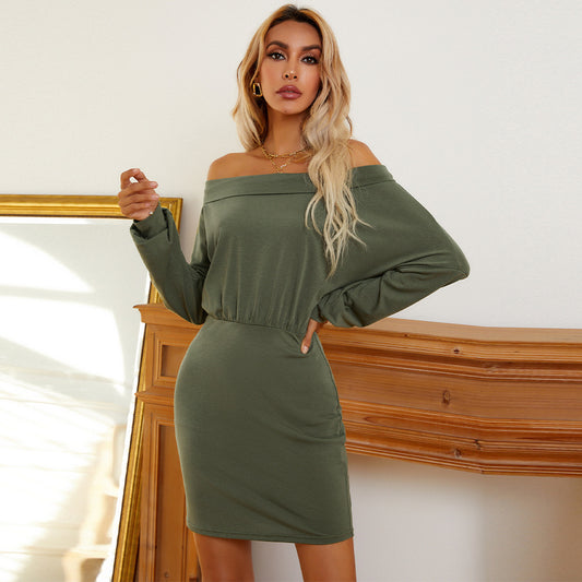 Spring Summer Women Clothing off-Shoulder Sexy Long Sleeve Narrow Solid Color Dress Short