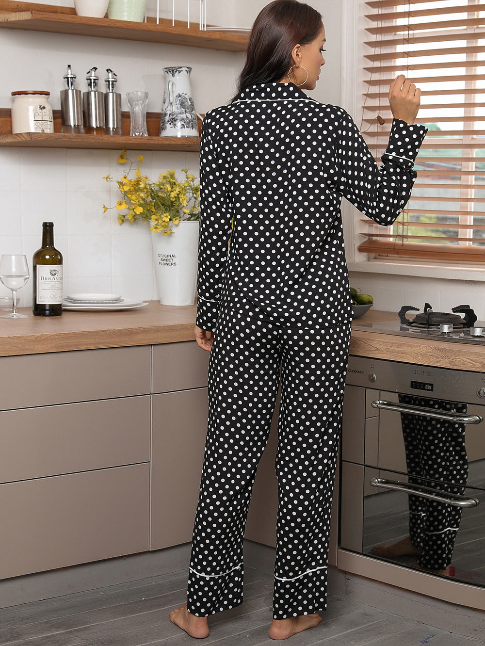 Home Wear Polka Dot Collared Cardigan Top Trousers Home Pajamas Suit