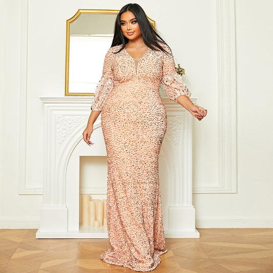 Plus Size Women Long Wedding Party Cocktail Light Luxury Sequined Evening Dress