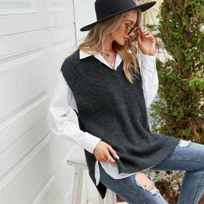 Autumn Winter Casual Vest Top Mid-Length Sleeveless V-neck Sweater Loose Outer Wear Knitted Vest