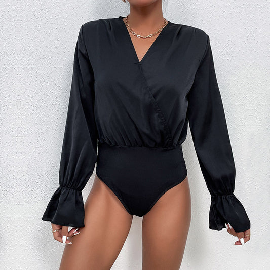 Women Clothing Spring Black Long Sleeve Tight Jumpsuit