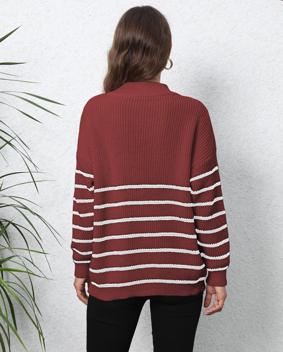 Women Pullover Women Clothing Knitted Striped Stitching Half Turtleneck Loose Zip Woven Sweater Top