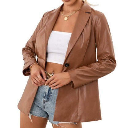 Mid-Length Slim-Fit Single-Breasted Trench Coat Solid Color Faux Leather Motorcycle Leather Coat Blazer Tops Women