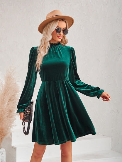 Autumn Winter Women Clothing Casual Turtleneck Velvet Solid Color Waist Tight Dress