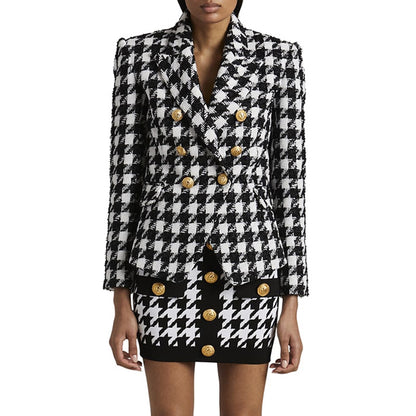 Autumn Winter Double-Breasted Slim Houndstooth Woolen Tweed Blazer Jacket