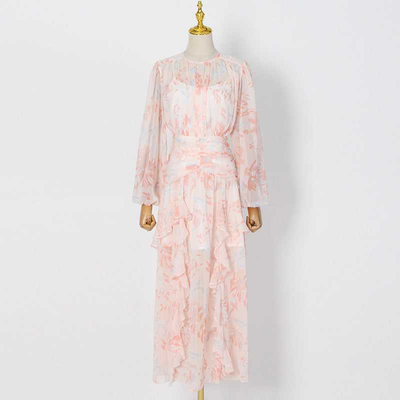 Floral Flounce Dress Autumn round Neck Long Sleeve Quality Pleated Print Maxi Dress