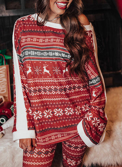 Loungewear Suit Women Autumn Winter Christmas Elk Printing Long-Sleeved Pajamas Loose Home Wear Women