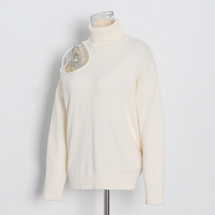 Off the Shoulder Sweater Autumn Solid Color Turtleneck Cool Long Sleeve Loose Sweater Women