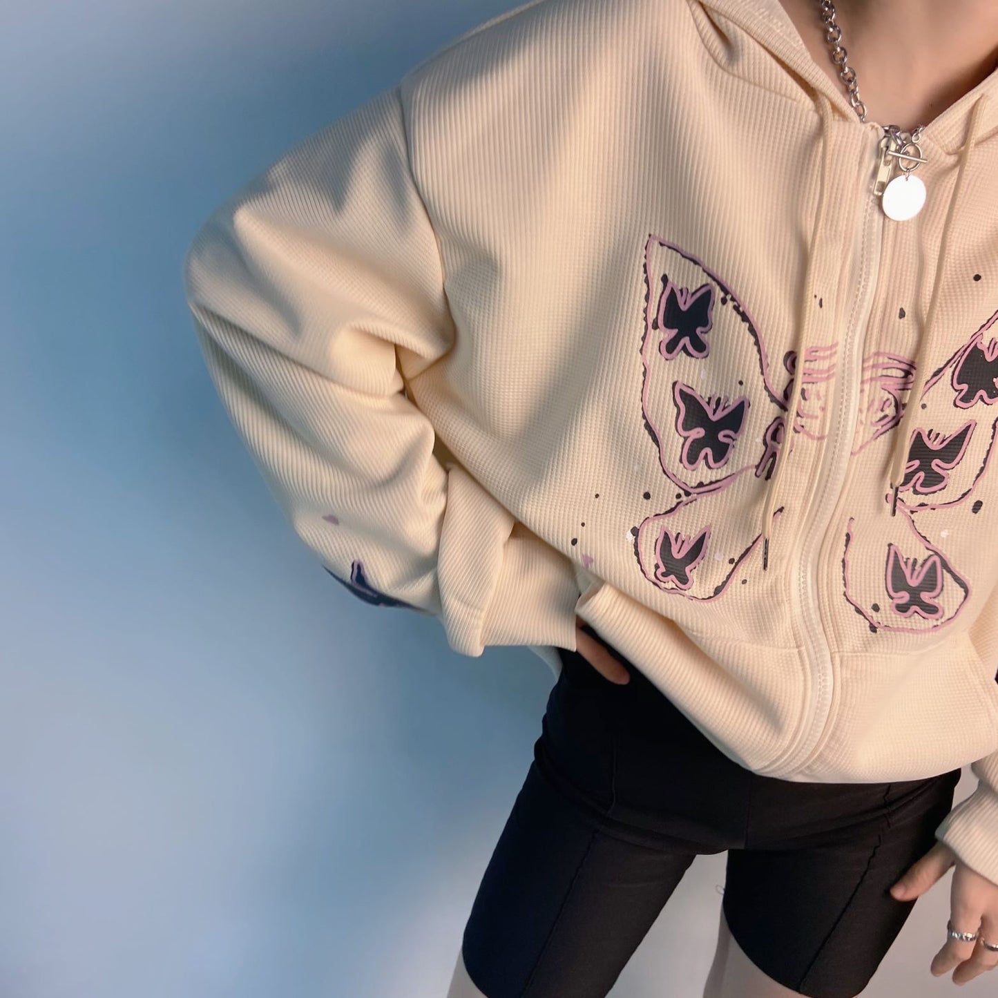 Autumn Winter Casual Butterfly Print Zipper Hooded Cardigan Thin All Matching Sweater for Women