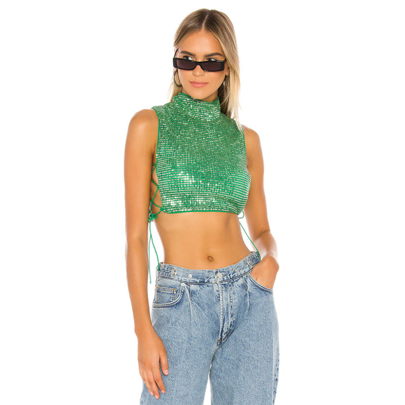 Women Nightclub Sequined Top Side Stretch Rope Sexy Vest