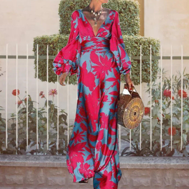 Early Autumn High Waist Office Maxi Dress Printed Lantern Sleeve V Neck Dress