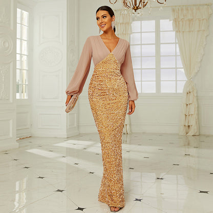 Women Elegant Wedding V-neck Long-Sleeved Sequined Banquet Sheath Fishtail Evening Dress Women