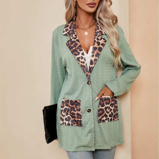 Women Clothing Leopard Splicing Cardigan Women Collared Blazer Tops
