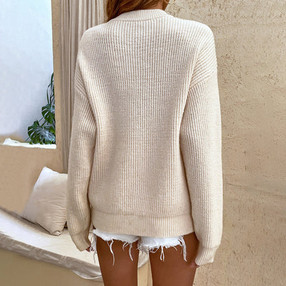 Solid Color Buttons Pullover Sweater Women Autumn Winter round Neck Sweater Top