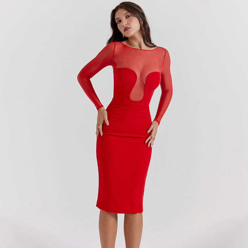 Autumn Winter Round Neck Long Sleeved Dress Sexy Sexy Night Club High Waist Tight Midi Dress Women