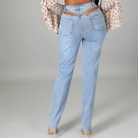 Celebrity Back Waist Hollow Out Cutout Sexy Stretch Jeans for Women
