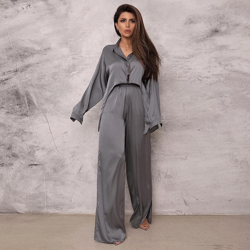 Spring Solid Color Pajamas Outfit Top Trousers Loose Casual Simple Outerwear Women