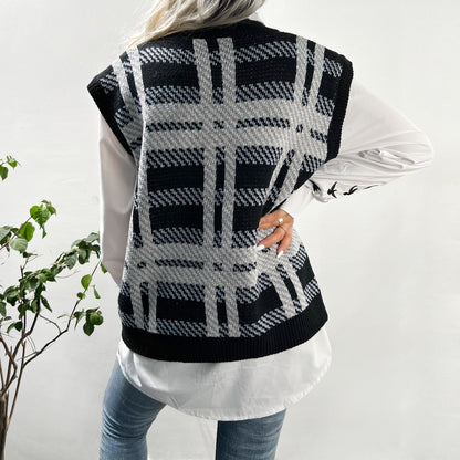 Women  Clothing Autumn Winter Knitted Vest Casual Plaid Sweater