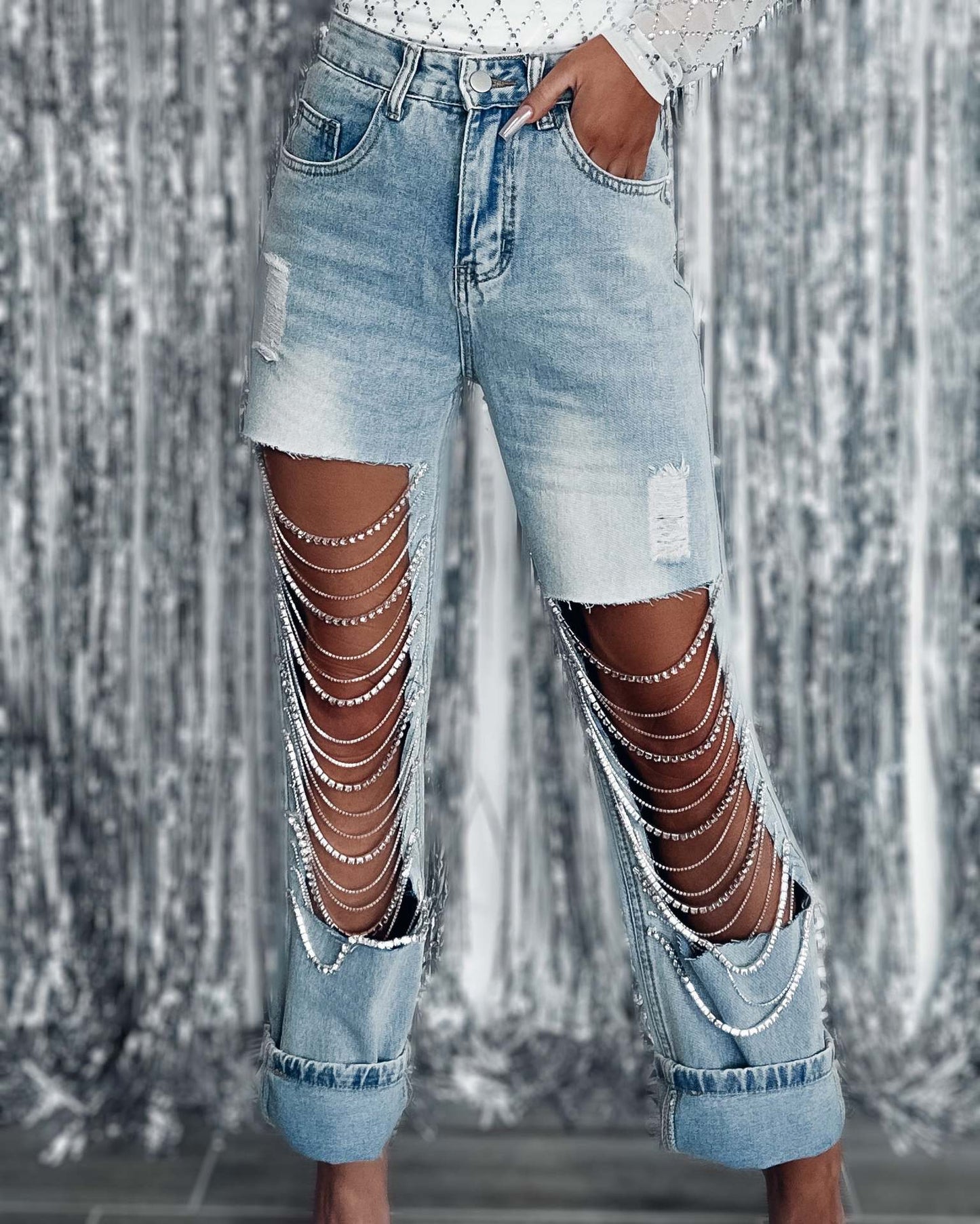 Early Spring Big Ripped Jeans Women Chain Ornaments Straight Leg Pants