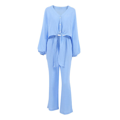 Autumn Winter Blue Color Simple Outdoor Long Sleeved Trousers Pajamas Two Piece Set Home Wear for Women