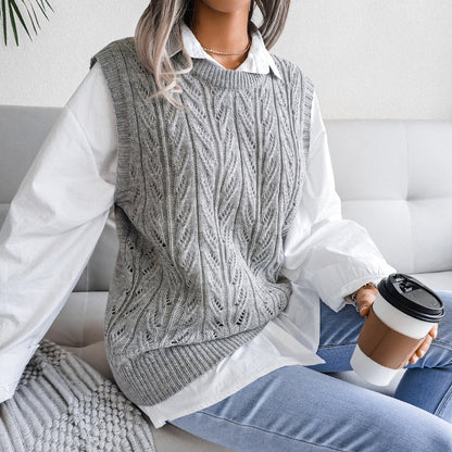 Autumn Winter round Neck Hollow Out Cutout Leaves Casual Knitted Vest Sweater Women Clothing