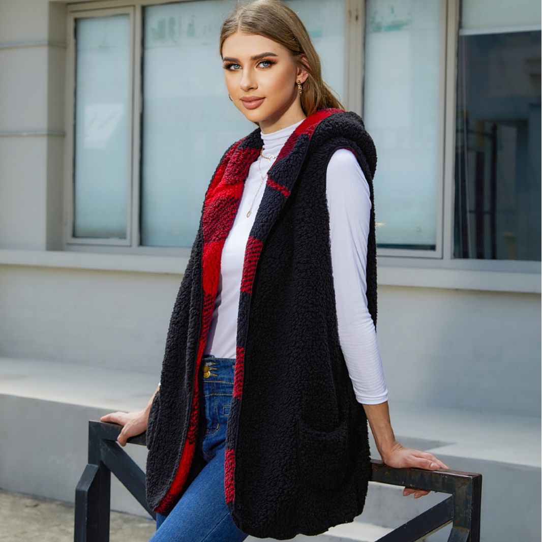 Fall Women Clothing Loose Hooded Buckle Cardigan Plaid Plush Vest Coat Women