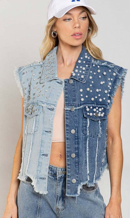 Denim Vest Splicing Beads Loose Women Short Denim Jacket