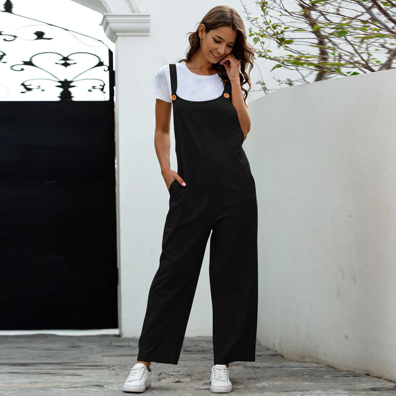 Women Clothing Retro Casual Long Suspender Jumpsuit