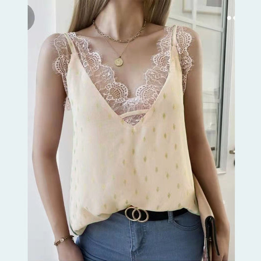 Summer Lace Lace Women Top Sleeveless Golden Yellow Small Sling Women Clothing V-neck Top