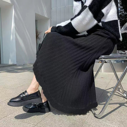 Fall Winter Skirt Women Knitted Umbrella Skirt High Waist A line Large Hem Ruffled Wool Long Skirt