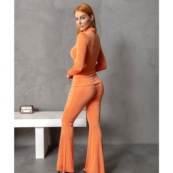 Body Hugging Suit Women Shirt Collar Long Sleeved Shirt With Bell Bottom Pants Two Piece Set