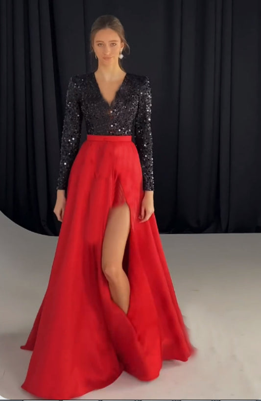 Autumn Winter Women Sequined Slit Formal Dress Maxi Dress V neck Long Sleeve Wedding Dress High Split