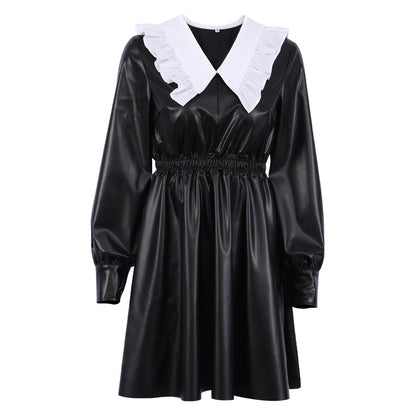 Autumn Winter Faux Leather  Dress Doll Collar Fitted Waist High Waist Long Sleeve Black Punk Street Women