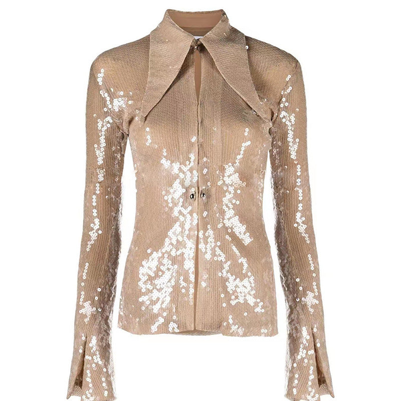 Star Fashionable with Side Slit Bell Sleeve Transparent Sequ Glitter Gauzy Shirt Top