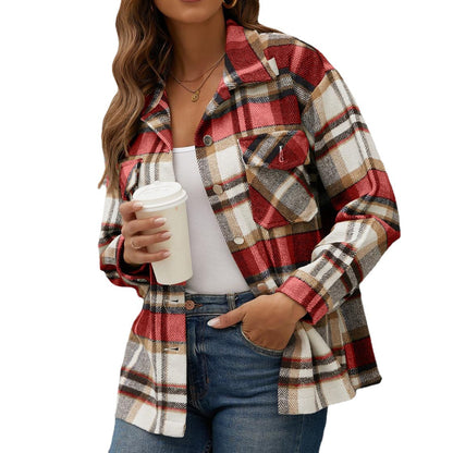Women Clothing Autumn Winter New  Plaid Shacket Woolen Flannel Breasted Coat