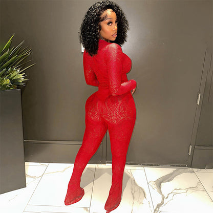 Women Clothing Autumn Winter Lace Hollow Out Cutout out See through Jumpsuit Trousers Sets