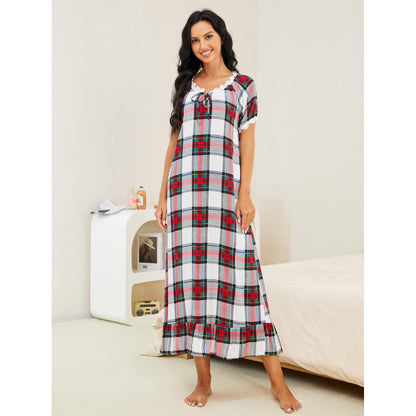 Spring Autumn Plaid Short-Sleeved Nightdress Women  Wear outside One Piece Homewear Clothing Night Dress