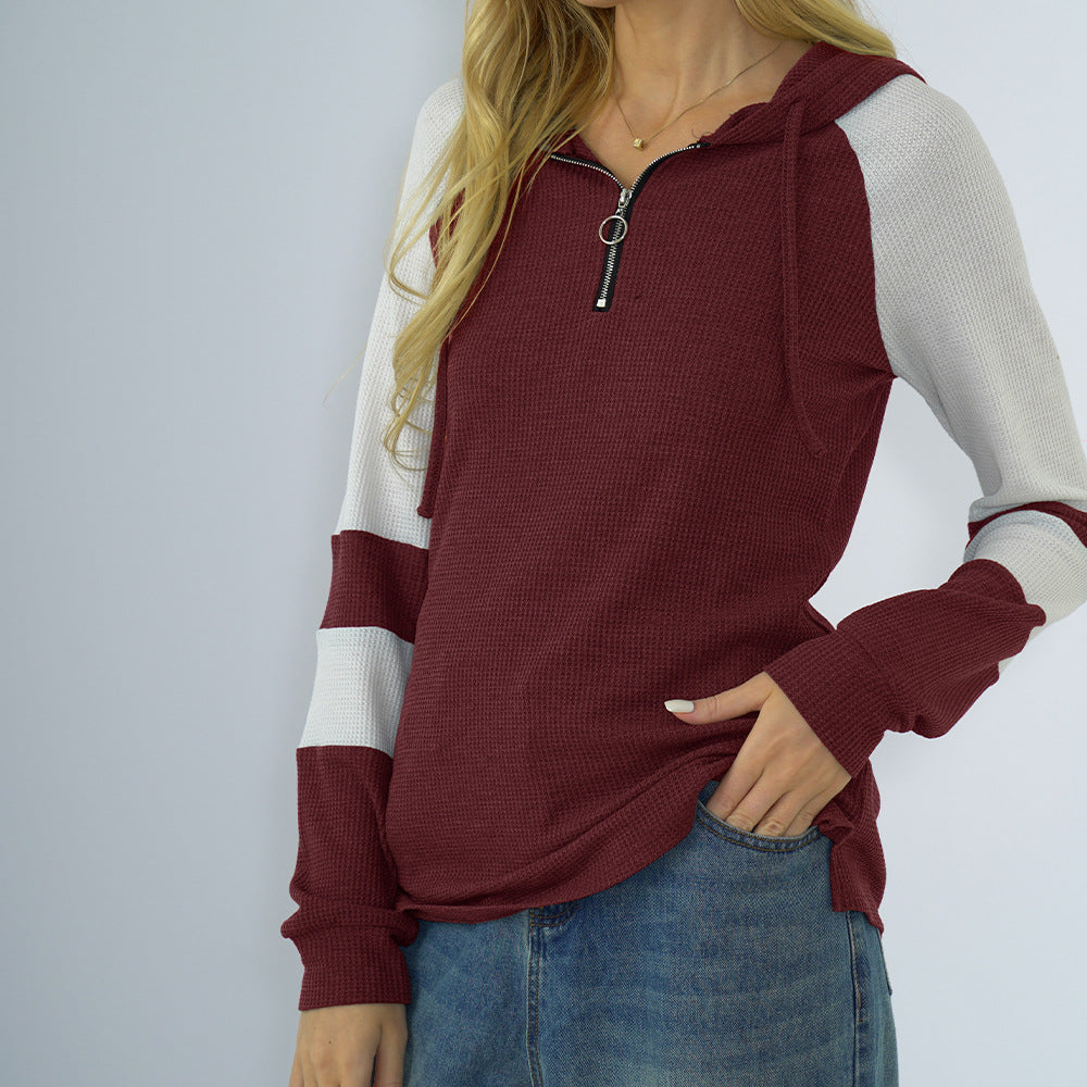 Spring Autumn Loose Hooded Stitching Drop Shoulder Solid Color T shirt with Long Sleeves Hoodie Women