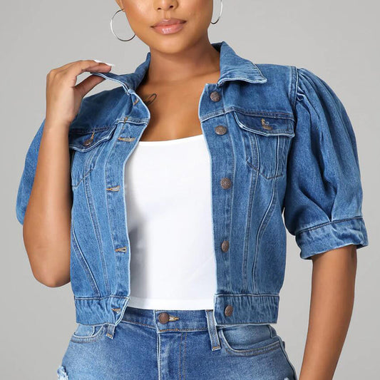 Denim Jacket Short Sleeve Puff Sleeve Coat Women