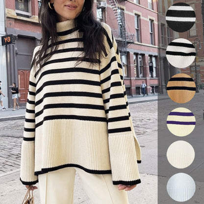 Autumn Winter Women Clothing Turtleneck Knitting Striped Slit Sweater Top