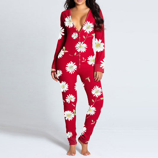 Jumpsuit Printed Button Functional Button Flip Adult Pajamas