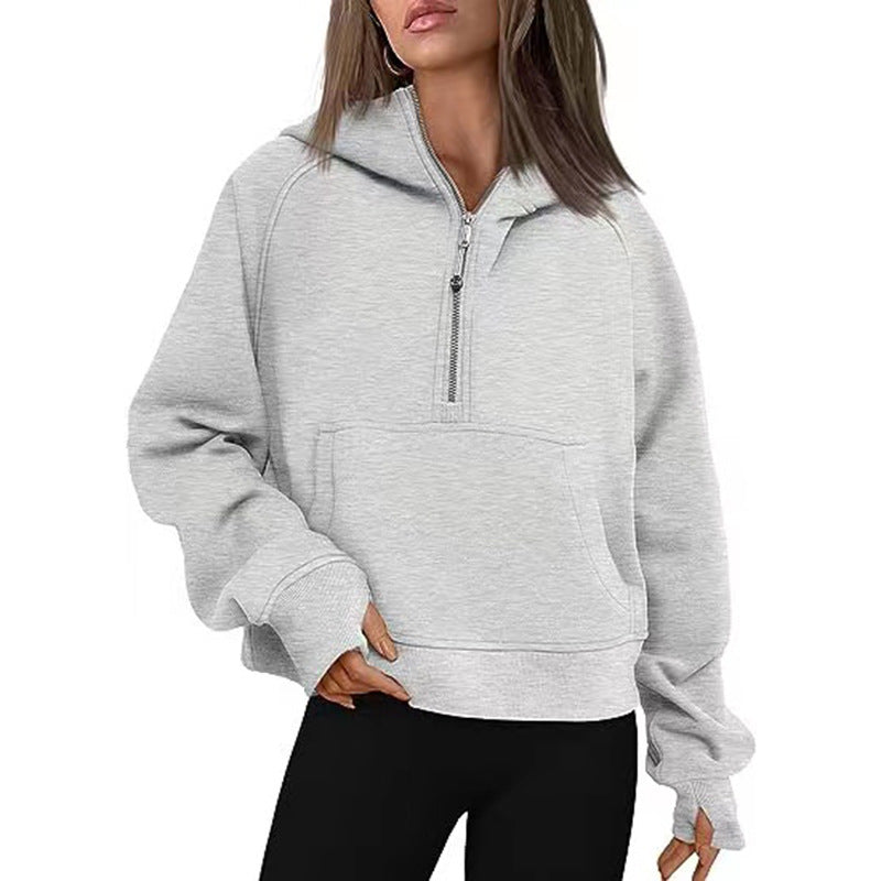 Autumn Winter Women  Scuba Sports Half Zipper Yoga Clothes Loose Short Hood Fleece Lined Sweater Sweater