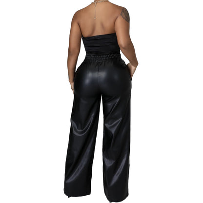 Women Clothing Solid Color Loose Wide Leg Pocket Faux Leather Pants