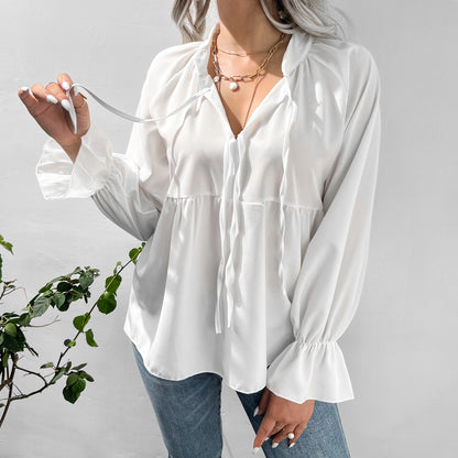 Autumn Winter White Shirt Bell Sleeve Bow Casual Top