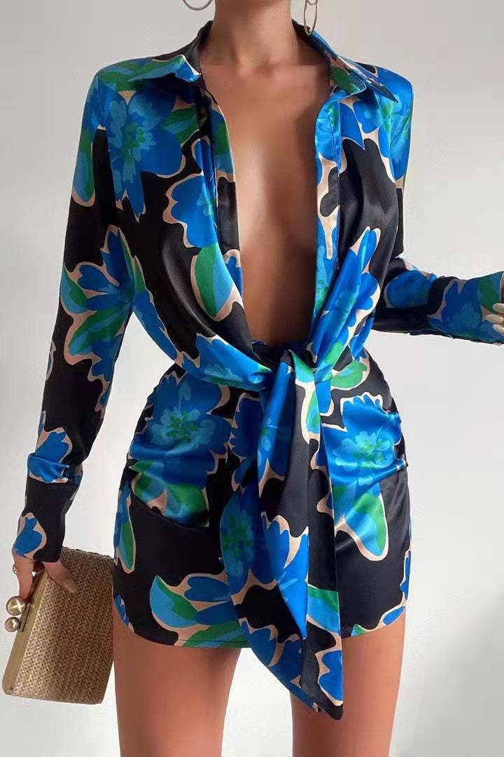 Sexy Women Wear Digital Printing Series Button Long Sleeve Shirt Dress
