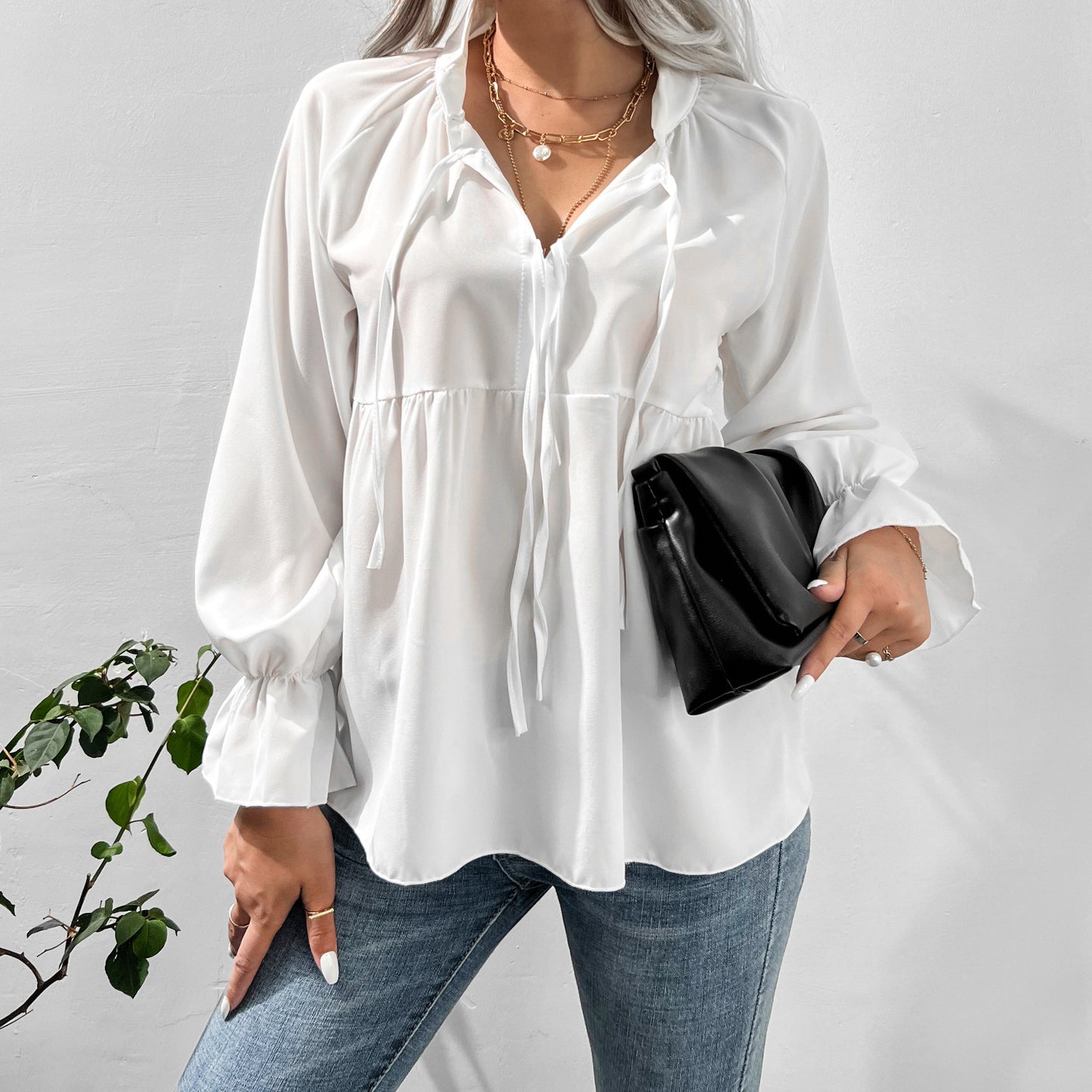 Autumn Winter White Shirt Bell Sleeve Bow Casual Top