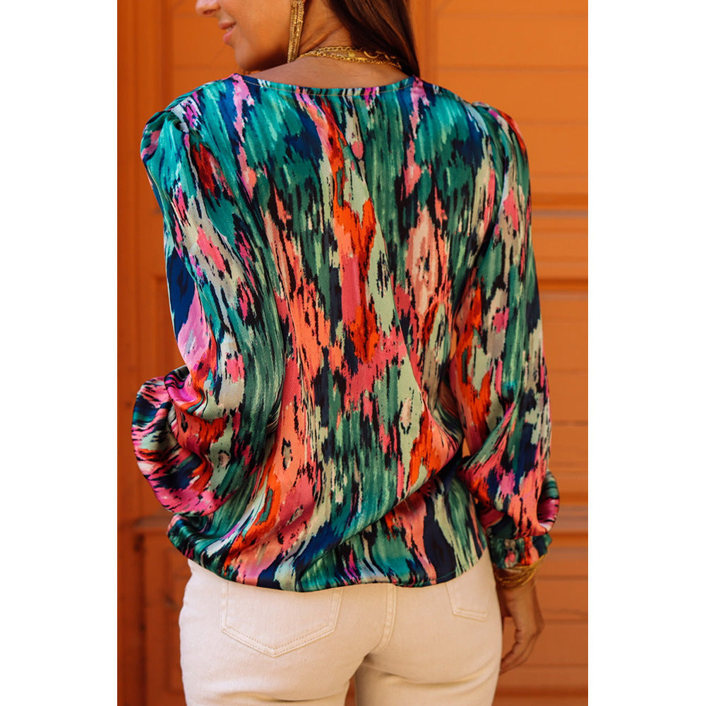 Multi Color V neck Abstract Printing Long Sleeve Pullover Shirt Women