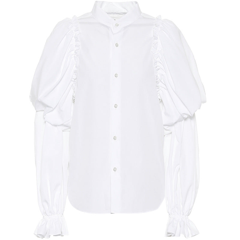 Shirt Women Long Sleeve Lantern Sleeve Women Shirt White Stand Collar